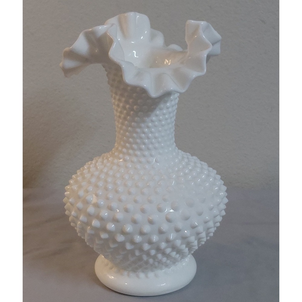Vintage Fenton White Milk Glass Hobnail Large 11" Ruffled Top Vase Centerpiece